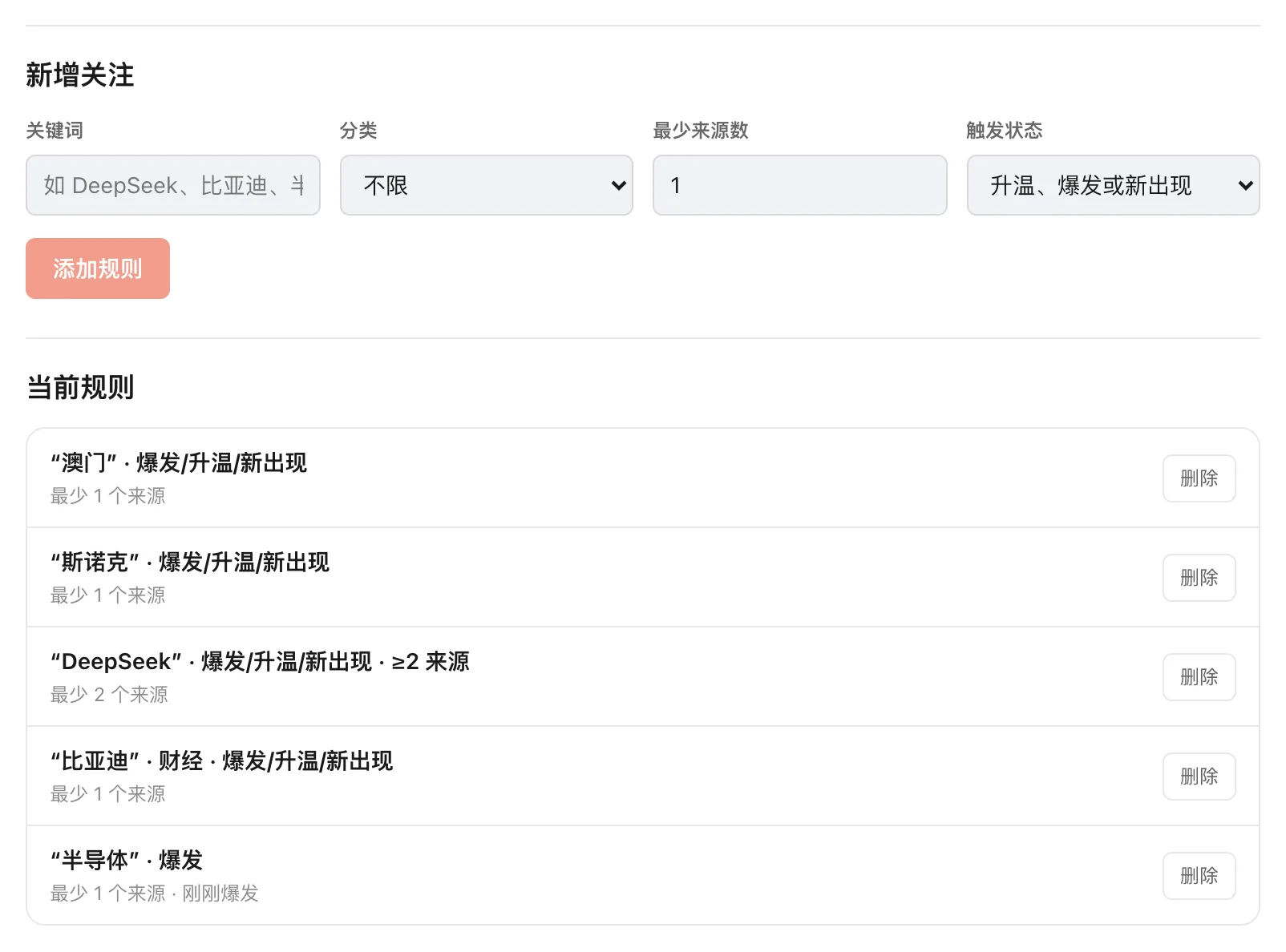 关键词关注页：新增关注表单和当前规则列表