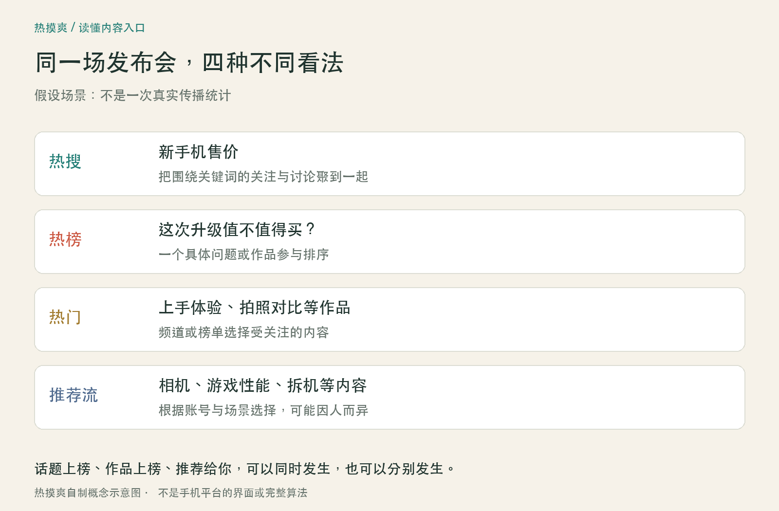 以假设手机发布会说明热搜话题、热榜问题、热门作品与推荐内容的区别